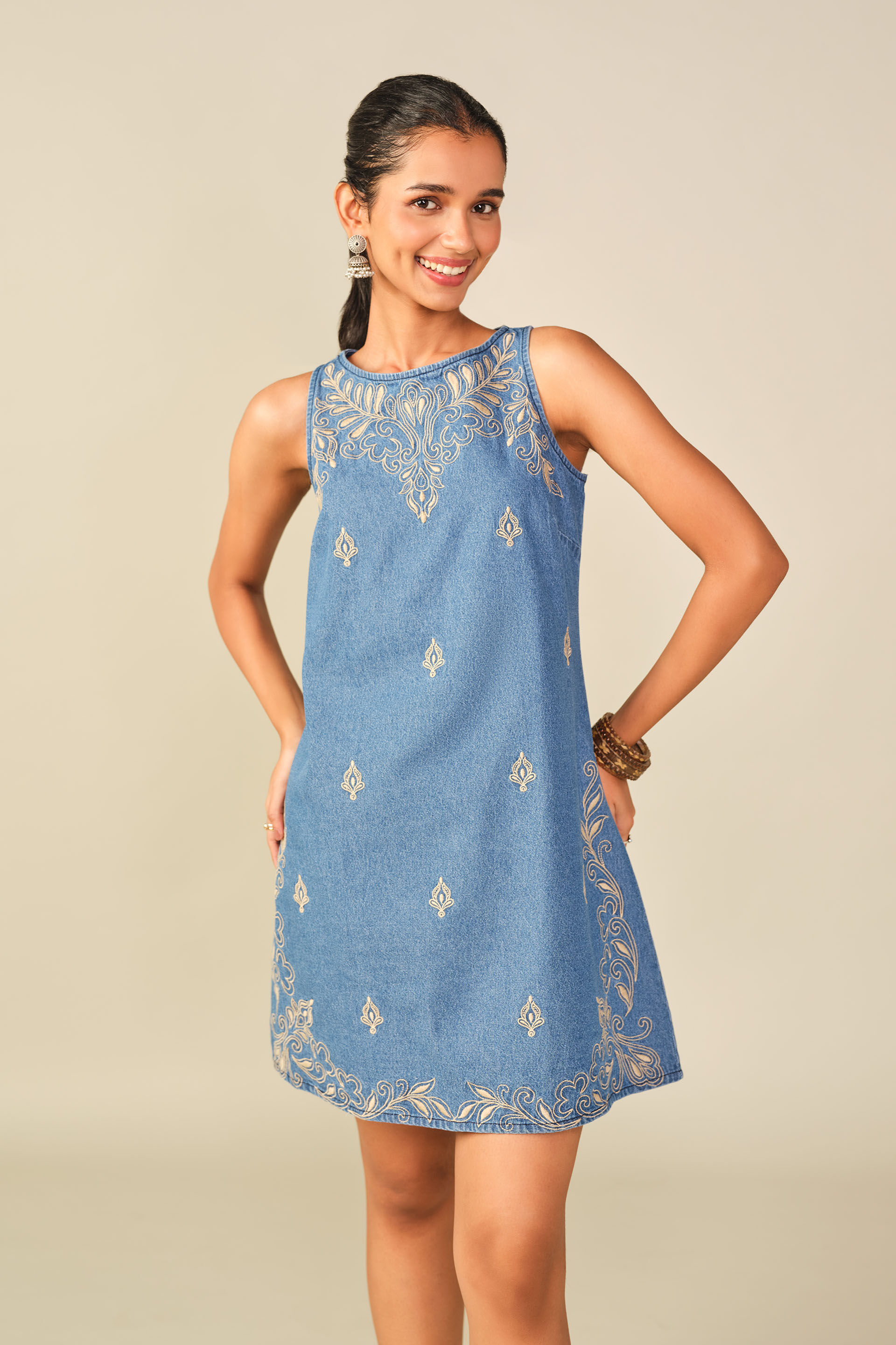 Embroidered Cotton Shift Dress in Midnight Blue